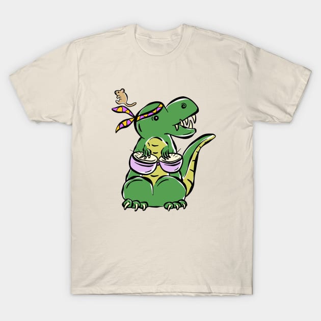 Bongo Player Tyrannosaurus Dinosaur Dino Cartoon Cute Character T-Shirt by Squeeb Creative